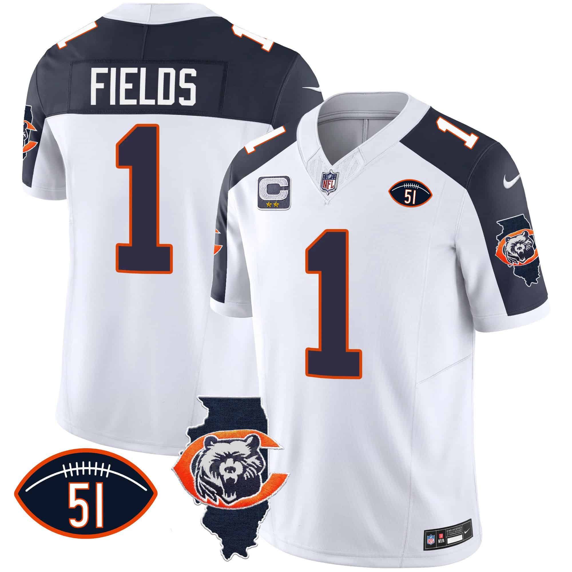 Men Chicago Bears 1 Fields White 2024 Nike Throwback Illinois Patch Vapor NFL Jersey style 2